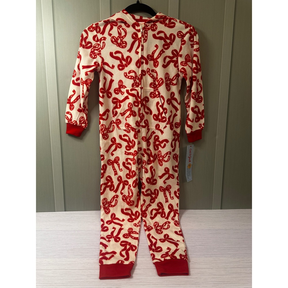 Cat & Jack Girls Bows Fleece Hooded Union Suit Pajamas Red Cream S 6/7